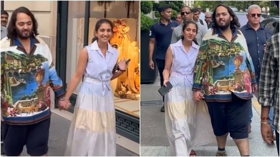 Radhika Merchant stepped out in Paris with Anant Ambani, dressed in a Sandro Paris patchwork maxi dress in blue, purple, yellow, and pink pinstripe pattern. She styled the ensemble with Dior slip-on sandals, a ponytail, no-makeup looks, and dainty earrings. (Instagram)