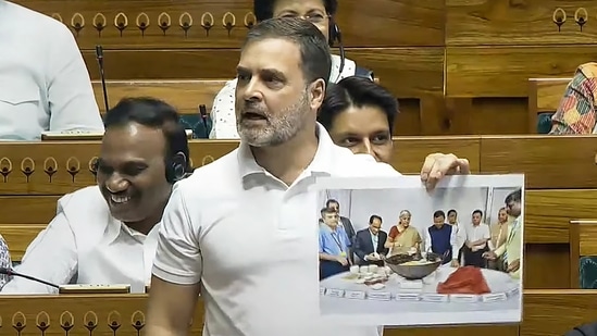 New Delhi: Leader of Opposition in the Lok Sabha Rahul Gandhi speaks in the House during the Monsoon session of Parliament, in New Delhi, Monday, July 29, 2024.(PTI)