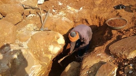 A labourer digs a shallow diamond mine in Panna (Representational image)(HT Archive)