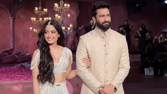 Rashmika Mandanna and Vicky Kaushal turn showstoppers for Falguni Shane Peacock at India Couture Week 2024. (Instagram)