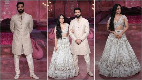 Vicky Kaushal and Rashmika Mandanna turned showstoppers for Falguni Shane Peacock at India Couture Week 2024. While Vicky wore a cream sequin embroidered sherwani, sheer kurta, and straight-fit pants, Rashmika complemented him in a heavily-embroidered lehenga set. (Instagram)