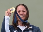 Gold medalist Guatemala's Adriana Ruano Oliva poses on the podium at the end of the shooting trap women's final during the Paris 2024 Olympic Games