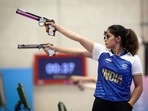 India's Manu Bhaker competes in 10m air pistol mixed team bronze medal match India's Manu Bhaker competes in 10m air pistol mixed team bronze medal match