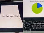 The image shows glimpses of a woman’s presentation on mental health during her exit interview. The image shows glimpses of a woman’s presentation on mental health during her exit interview.