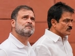 Leader of Opposition in the Lok Sabha Rahul Gandhi and Congress MP K.C. Venugopal during the Monsoon session of Parliament, in New Delhi.