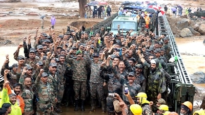 The Indian Army completes the construction of Cl 24 Bailey Bridge in record time on Thursday. The bridge connecting Chooralmala with Mundakkai over the Iruvanipzha River is open to traffic and handed over to the civil administration. (ANI) The Indian Army completes the construction of Cl 24 Bailey Bridge in record time on Thursday. The bridge connecting Chooralmala with Mundakkai over the Iruvanipzha River is open to traffic and handed over to the civil administration. (ANI)