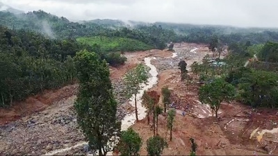 A drone visual of the landslide-affected Mundakkai, Chooralmala area, in Wayanad on Friday. (ANI Photo) (ANI ) A drone visual of the landslide-affected Mundakkai, Chooralmala area, in Wayanad on Friday. (ANI Photo) (ANI )