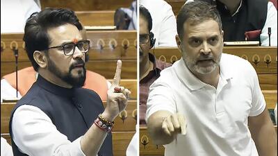 BJP MP Anurag Thakur and Leader of Opposition in Lok Sabha and Congress MP Rahul Gandhi during a debate in the Parliament. (PTI Photo) BJP MP Anurag Thakur and Leader of Opposition in Lok Sabha and Congress MP Rahul Gandhi during a debate in the Parliament. (PTI Photo)