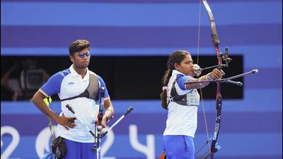 India’s Dhiraj Bommadevara and Ankita Bhakat in action at the Paris Olympics on Friday. (PTI) India’s Dhiraj Bommadevara and Ankita Bhakat in action at the Paris Olympics on Friday. (PTI)