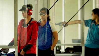 Manu Bhaker, who has already won the women's 10m pistol and mixed-team 10m pistol bronze in Paris, became the first Indian shooter to reach a third final at the same Olympics. She finished second in women's 25m pistol qualification and will shoot for her third medal in Paris in the final on Saturday. (AP) Manu Bhaker, who has already won the women's 10m pistol and mixed-team 10m pistol bronze in Paris, became the first Indian shooter to reach a third final at the same Olympics. She finished second in women's 25m pistol qualification and will shoot for her third medal in Paris in the final on Saturday. (AP)