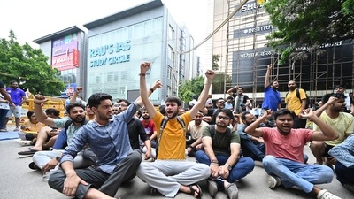 Students protest after three UPSC aspirants were drowned to death after Rau's IAS coaching centres basement library got flooded with rain water following heavy rains on Saturday at Rajendra Nagar in New Delhi.  (Photo by Sanchit Khanna/ Hindustan Times)