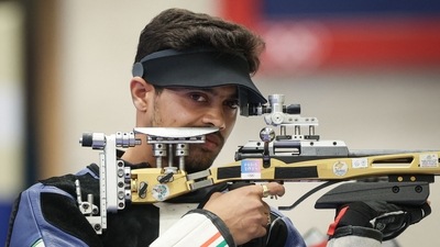 India's Swapnil Kusale competes in the 50 Rifle 3 Positions men's final. (AFP) India's Swapnil Kusale competes in the 50 Rifle 3 Positions men's final. (AFP)