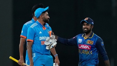 Charith Asalanka took two successive wickets as Sri Lanka ended the match in a tie (AP)
