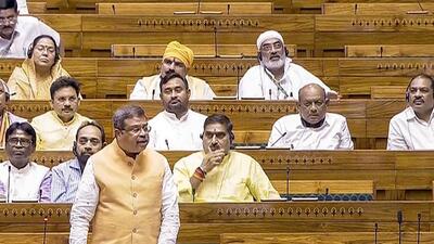 Union education minister Dharmendra Pradhan speaks in the Lok Sabha during the Monsoon session of Parliament. (PTI photo) Union education minister Dharmendra Pradhan speaks in the Lok Sabha during the Monsoon session of Parliament. (PTI photo)