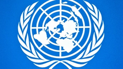 UN logo detail from a press conference background at the United Nations headquarters. (AP)