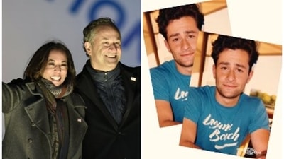 Kamala Harris' husband Doug Emhoff, who tied the knot with Harris in 2014 after a year of courtship, unveiled the 2024 campaign merchandise, featuring a photo of him at 20 years old with thick brown hair and a blue Laguna Beach T-shirt. (AP/Harris Official Store) Kamala Harris' husband Doug Emhoff, who tied the knot with Harris in 2014 after a year of courtship, unveiled the 2024 campaign merchandise, featuring a photo of him at 20 years old with thick brown hair and a blue Laguna Beach T-shirt. (AP/Harris Official Store)