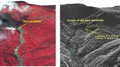 Images from ISRO satellite reveal spot before and after July 30's landslides. (NRSC) Images from ISRO satellite reveal spot before and after July 30's landslides. (NRSC)