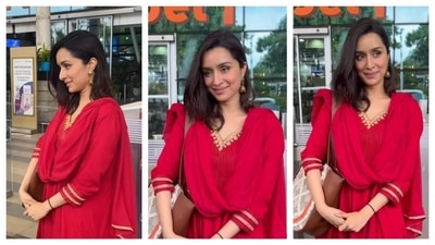 Shraddha Kapoor as usual aced the girl-next-door vibe as she wore a simple red suit, and carried a brown bag. She was spotted at the airport as she was about to fly to Lucknow for promoting Stree 2 with Rajkummar Rao. (Instagram/@varindertchawla) Shraddha Kapoor as usual aced the girl-next-door vibe as she wore a simple red suit, and carried a brown bag. She was spotted at the airport as she was about to fly to Lucknow for promoting Stree 2 with Rajkummar Rao. (Instagram/@varindertchawla)