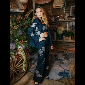Blake Lively in a blue three-piece suit set (instagram) Blake Lively in a blue three-piece suit set (instagram)