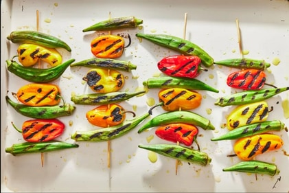 Grilled okra-and-pepper skewers Grilled okra-and-pepper skewers
