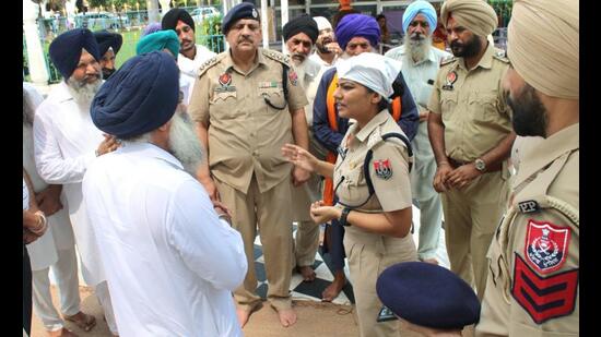 A police team at the Gurdwara Jamani Sahib in Bazidpur village of Ferozepur on Friday.