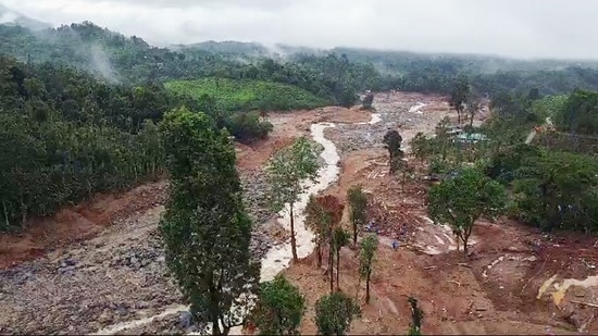 A drone visual of the landslide-affected Mundakkai, Chooralmala area, in Wayanad on Friday. (ANI Photo) (ANI )