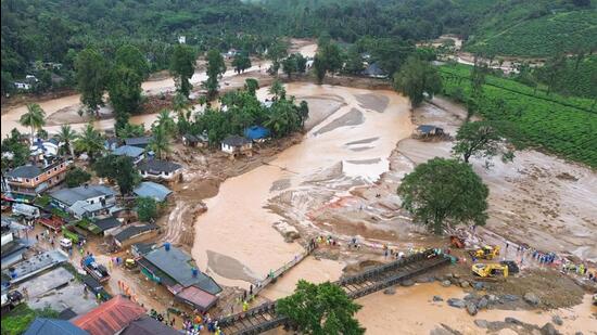 An aerial view of the tea plantations after landslides in Wayanad. Army teams pushed deeper on August 2 into Indian tea plantations and villages struck by landslides that killed more than 200 people. (AFP)