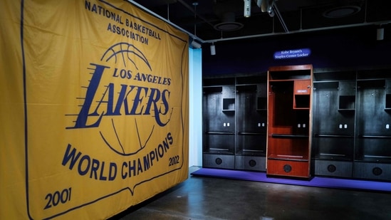 The locker used by US basketball player, Kobe Bryant, at the Staples Center is displayed at Sotheby's auction house in New York City on July 26, 2024. The auction started on July 22 and will run through August 2, 2024. (AFP)