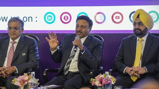 Chief Election Commissioner Rajiv Kumar with Election Commissioners Gyanesh Kumar and Sukhbir Singh Sandhu (PTI)