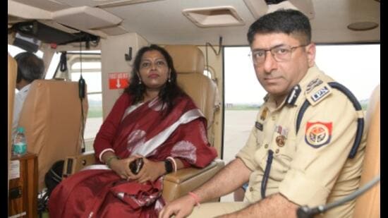 Divisional commissioner Selva Kumari J and IG, Meerut range, Nachiketa Jha during the aerial survey. (Sourced)
