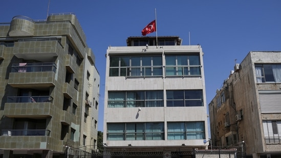 A flag flies at half-mast at the Turkey embassy in response to the killing of Hamas political leader Ismail Haniyeh, in Tel Aviv, Israel, August 2, 2024. REUTERS/Ricardo Moraes(REUTERS)