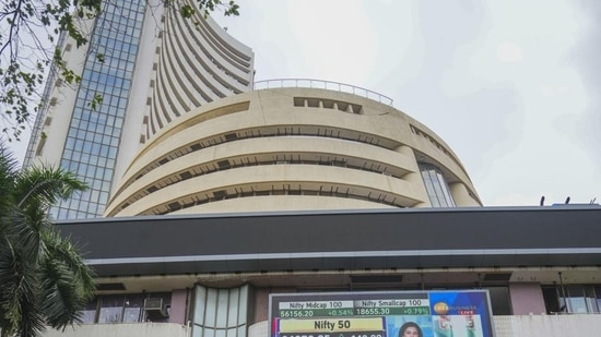 Stock market crash: Stock prices displayed on a digital screen at the facade of the Bombay Stock Exchange building, in Mumbai.