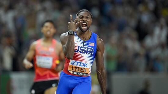 Noah Lyles, of the United States celebrates anchoring his team to gold in the Men's 4x100-meters relay final during the World Athletics Championships in Budapest, Hungary. (AP)