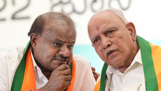 Bengaluru: Union Minister H.D. Kumaraswamy and senior BJP leader B.S. Yediyurappa during the felicitation ceremony of NDA MPs from Karnataka, in Bengaluru, Saturday, June 22, 2024. (PTI Photo/Shailendra Bhojak)(PTI)