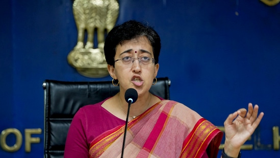 Delhi Minister and AAP leader Atishi addresses a press conference, in New Delhi.(PTI)