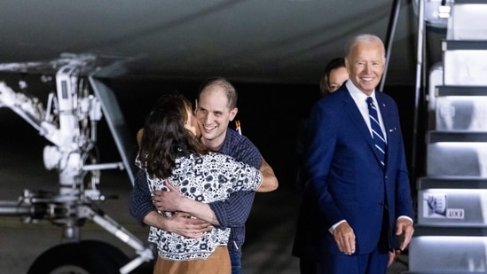 Wall Street Journal reporter Evan Gershkovich hugs his mother, Ella Milman, after his arrival in the US.(PTI)