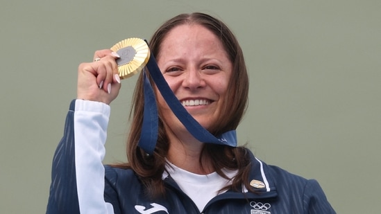 Gold medalist Guatemala's Adriana Ruano Oliva poses on the podium at the end of the shooting trap women's final during the Paris 2024 Olympic Games(AFP)