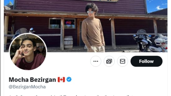 The handle of Canadian journalist Mocha Bezirgan, which has been blocked in India by X at the request of the Indian government.