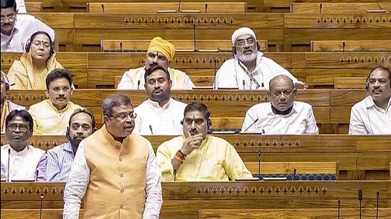 Union education minister Dharmendra Pradhan speaks in the Lok Sabha during the Monsoon session of Parliament. (PTI photo)