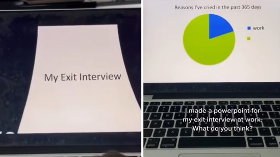 The image shows glimpses of a woman’s presentation on mental health during her exit interview. (Instagram/@claireandpeter)