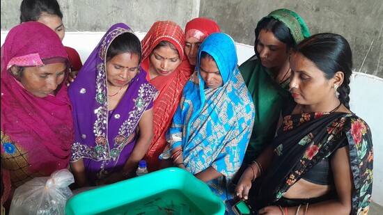 Women of Dhankutti village with the fish that they breed. (Sourced)