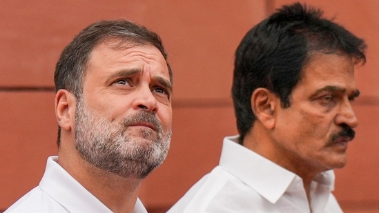 Leader of Opposition in the Lok Sabha Rahul Gandhi and Congress MP K.C. Venugopal during the Monsoon session of Parliament, in New Delhi.(PTI)