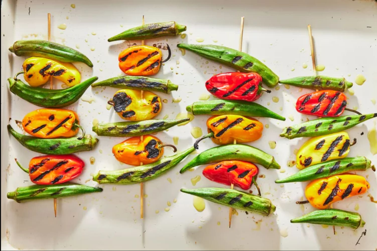 Grilled okra-and-pepper skewers Grilled okra-and-pepper skewers