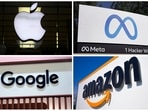 This photo combo of images shows logos for Apple, Meta, Google and Amazon. (AP) This photo combo of images shows logos for Apple, Meta, Google and Amazon. (AP)