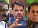 (Left-Right): Sachin Waze, Maharashtra deputy CM Devendra Fadnavis and NCP(SP) leader Anil Deshmukh. (Left-Right): Sachin Waze, Maharashtra deputy CM Devendra Fadnavis and NCP(SP) leader Anil Deshmukh.