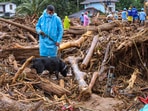 Wayanad: A military special dog during a search operation to trace bodies from the landslide-hit area, at Chooralmala in Wayanad, Friday, Aug. 2, 2024. Wayanad: A military special dog during a search operation to trace bodies from the landslide-hit area, at Chooralmala in Wayanad, Friday, Aug. 2, 2024.