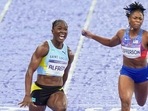 Julien Alfred, of Saint Lucia, crosses the finish line ahead of Melissa Jefferson, of the United States, to win the women's 100 meters final at the 2024 Summer Olympics