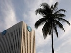 The logo of State Bank of India (SBI) is seen on the facade of its headquarters in Mumbai, India, April 12, 2023. (Niharika Kulkarni/Reuters)(REUTERS)