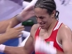 Imane Khelif in tears after winning the quarterfinal in women's 66kg event at Paris Olympics