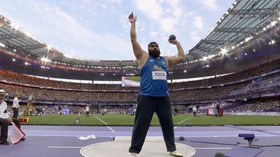 India's Tajinderpal Singh in action during the Men's Shot Put Qualification event. (Doordarshan Sports -X) India's Tajinderpal Singh in action during the Men's Shot Put Qualification event. (Doordarshan Sports -X)